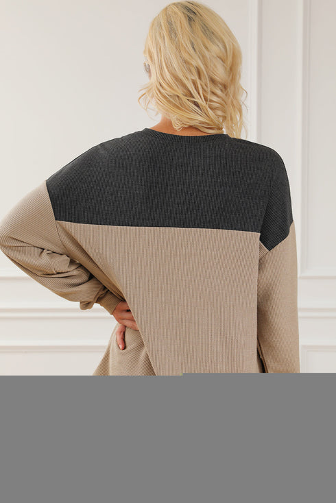 Carbon Grey Notched Neck Colorblock Corded Sweatshirt